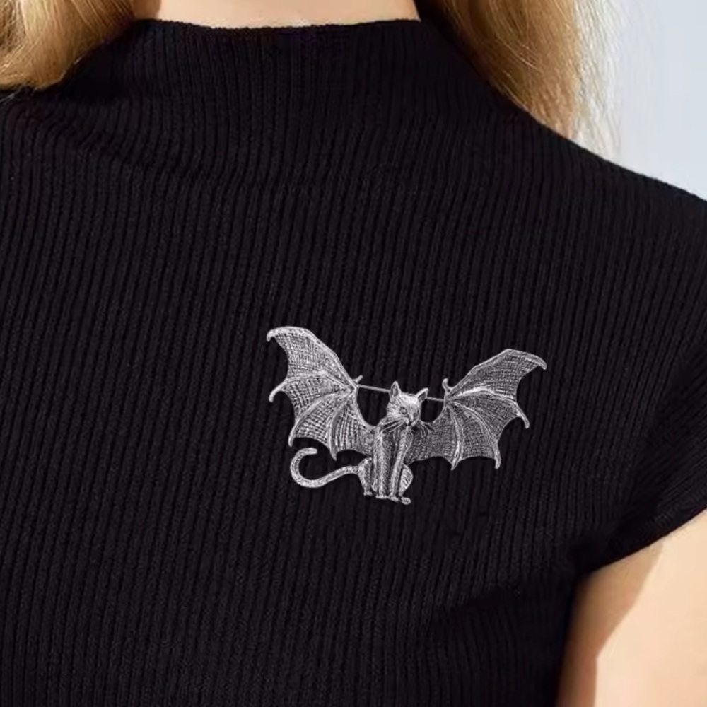 Vintage Wings Bat Cat Silver Brooch